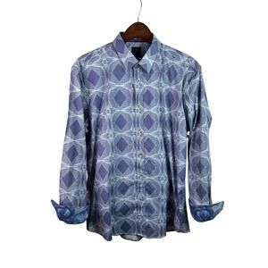 1 LIKE NO OTHER Men's Blue Geometric Print Blue Shirt Colorful Size L